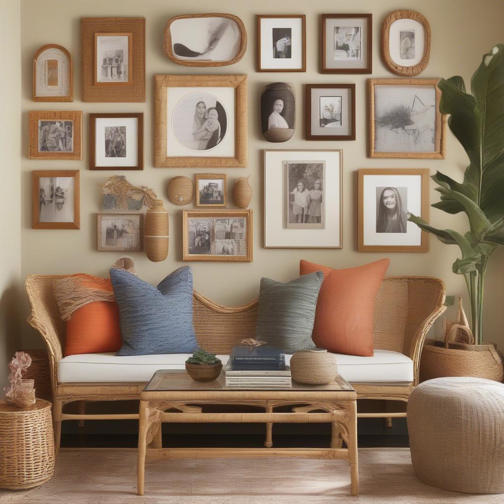 A gallery wall showcasing family photos in various wicker and rattan frames.