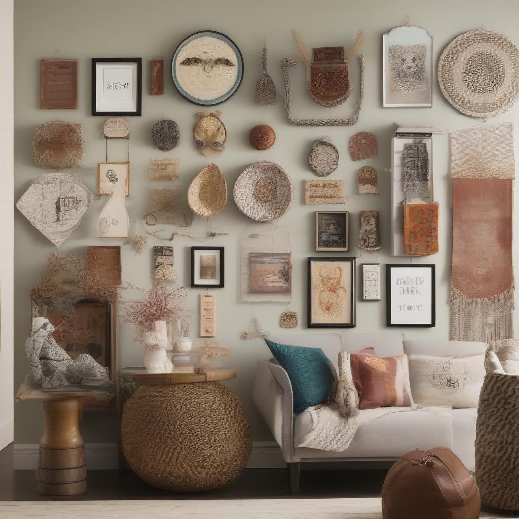 A gallery wall arrangement featuring a mix of framed prints, wooden signs, and metal wall art with different sayings.