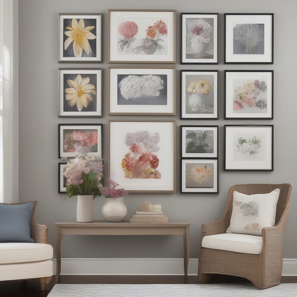 Gallery Wall with Flower Pictures in Various Frames