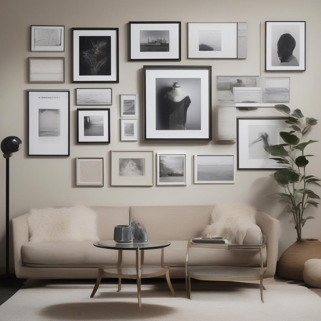 A gallery wall featuring a mix of frameless poster frames of varying sizes showcasing diverse artwork