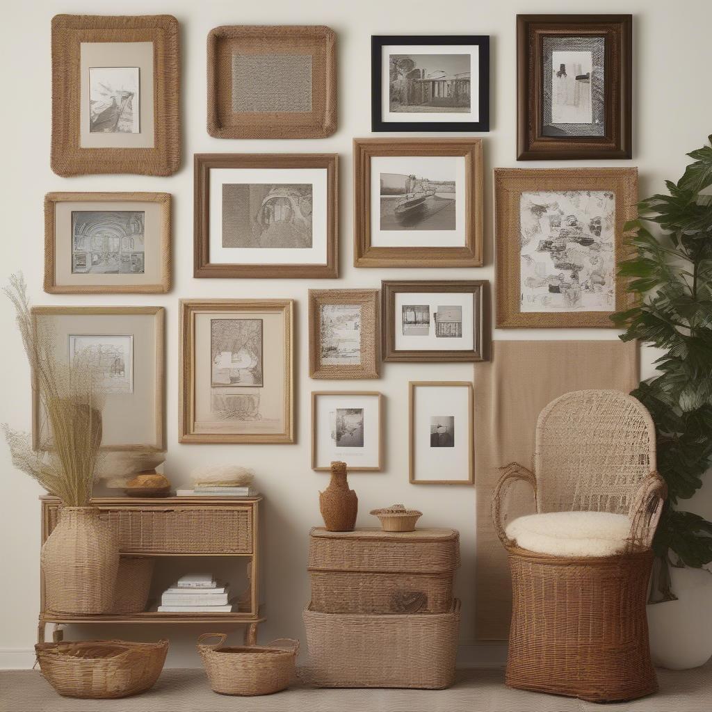 A gallery wall with a mix of large wicker and wood frames creates a unique and eclectic look.