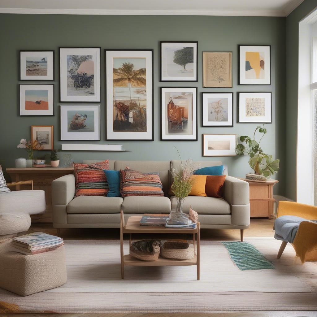 Gallery wall in a living room with diverse art pieces