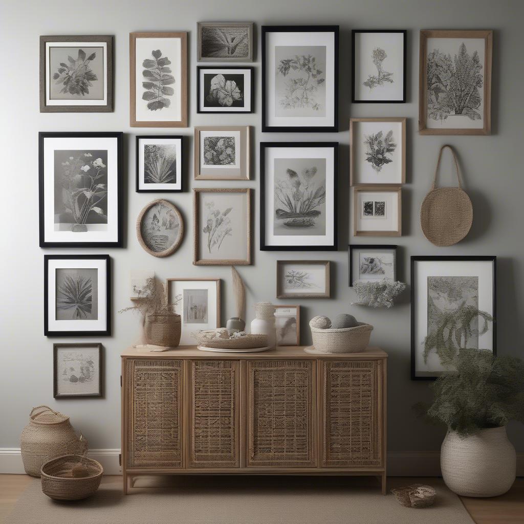 Living Room Gallery Wall with Wicker and Rattan Accents