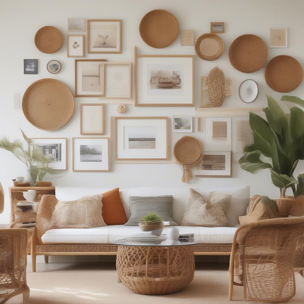 Gallery wall featuring wicker and rattan elements in a lounge