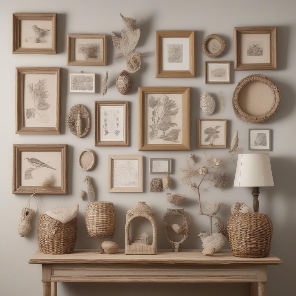 A gallery wall featuring a mix of small decorative items, including framed prints, wicker baskets, and wooden carvings.