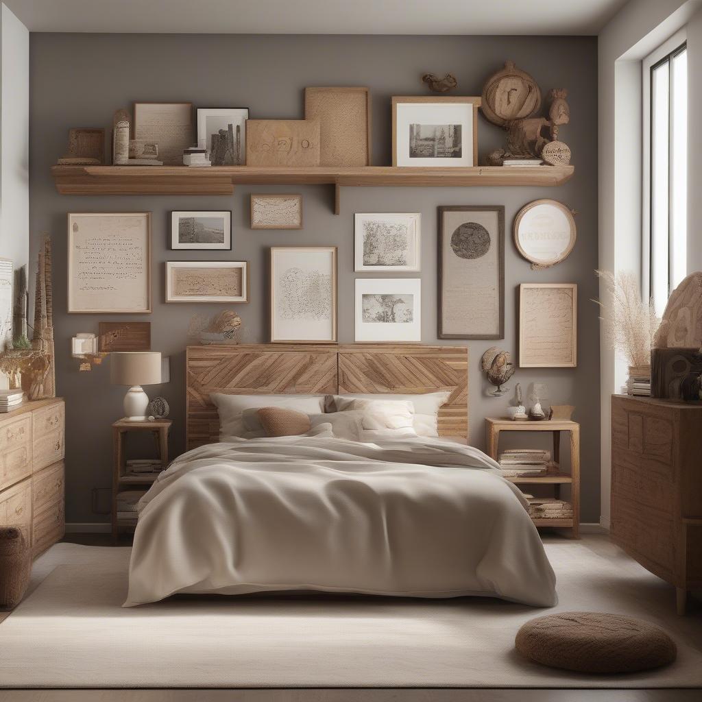 Gallery Wall with Small Wood Decor in a Bedroom