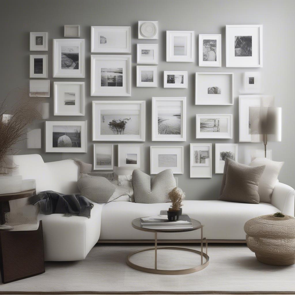 A gallery wall with a mix of white circle and other shaped picture frames.