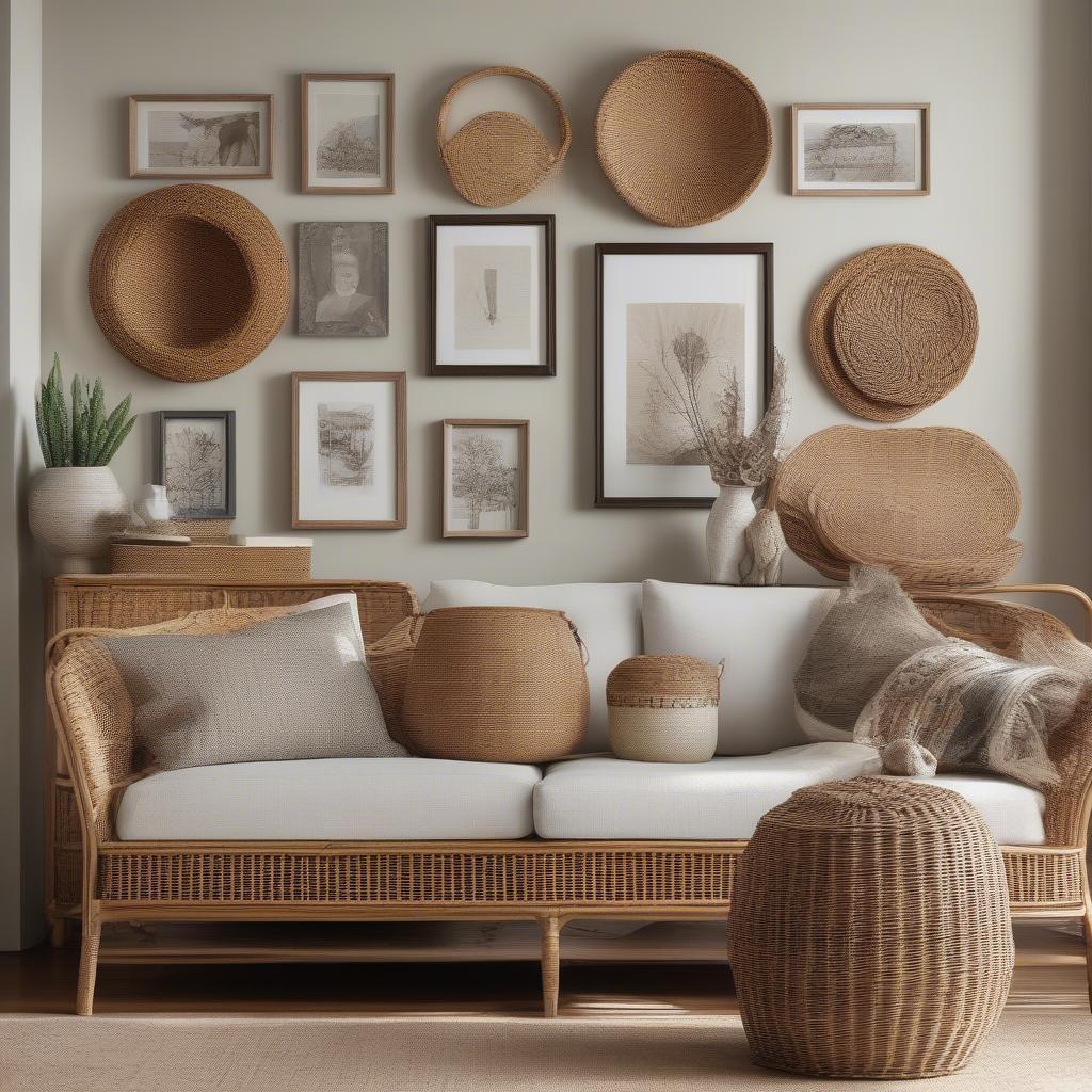 Gallery wall featuring a mix of wicker, rattan, and other art pieces