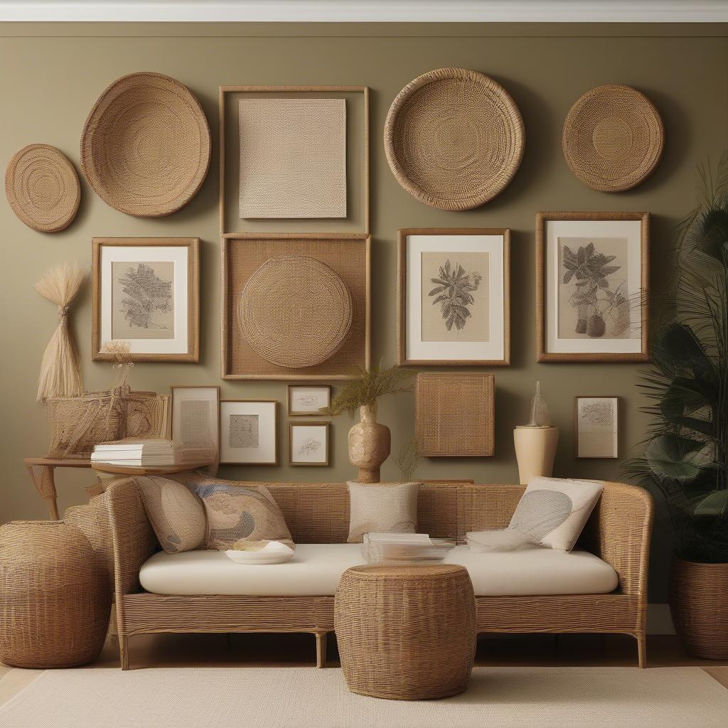 A gallery wall featuring a mix of wicker and rattan frames with various artwork and sizes.