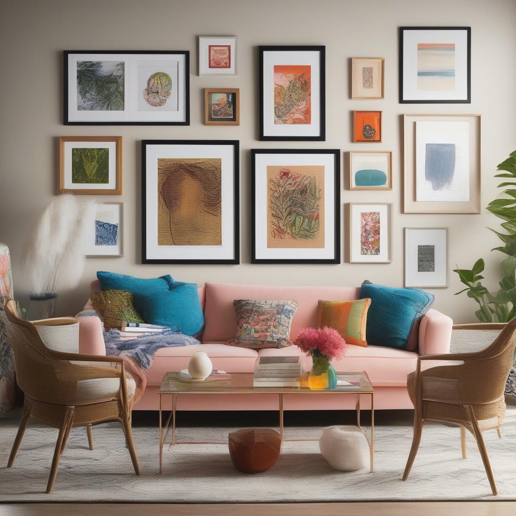 A gallery wall featuring a mix of 20x20 poster frames and other sizes, showcasing various art prints and photographs in a eclectic living space.