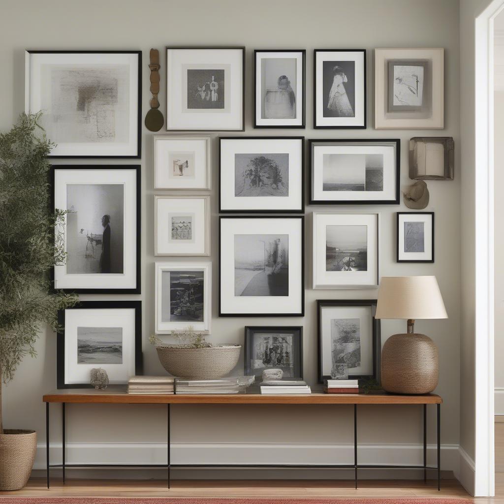 Gallery wall with mixed frames and artwork