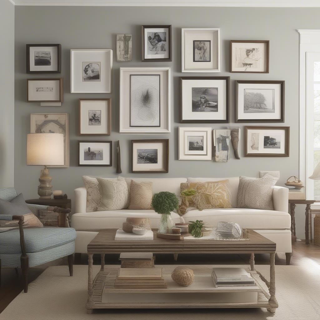 A gallery wall featuring various personalized canvas prints and framed artwork