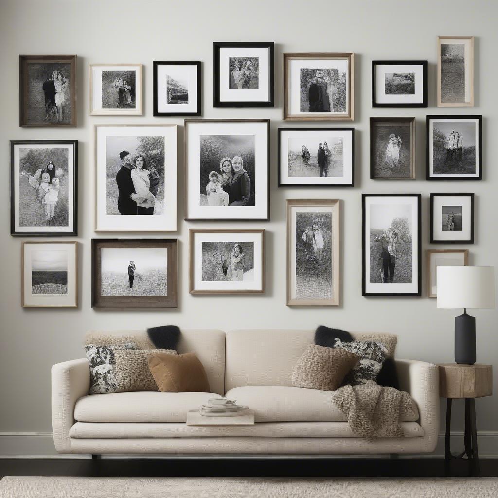 A gallery wall featuring a variety of photo frame prints in different sizes and styles.