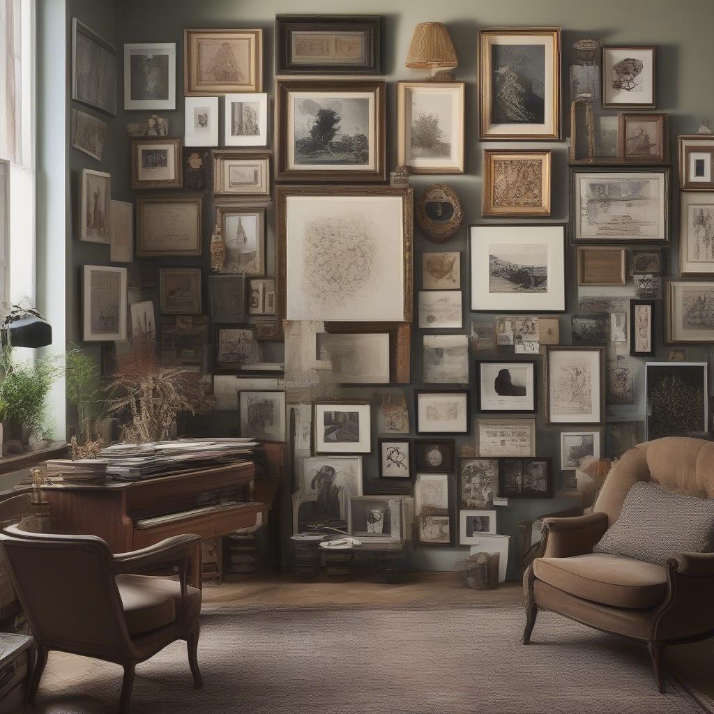 Gallery wall with various picture frames displaying artwork and photographs