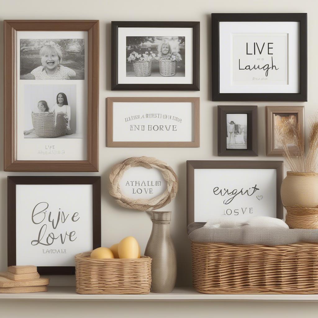 Gallery Wall with Wall Phrases and Wicker Baskets