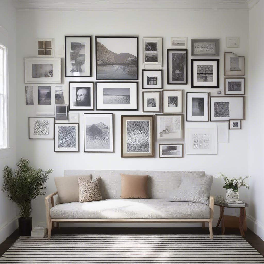 Gallery wall featuring a mix of white picture frames