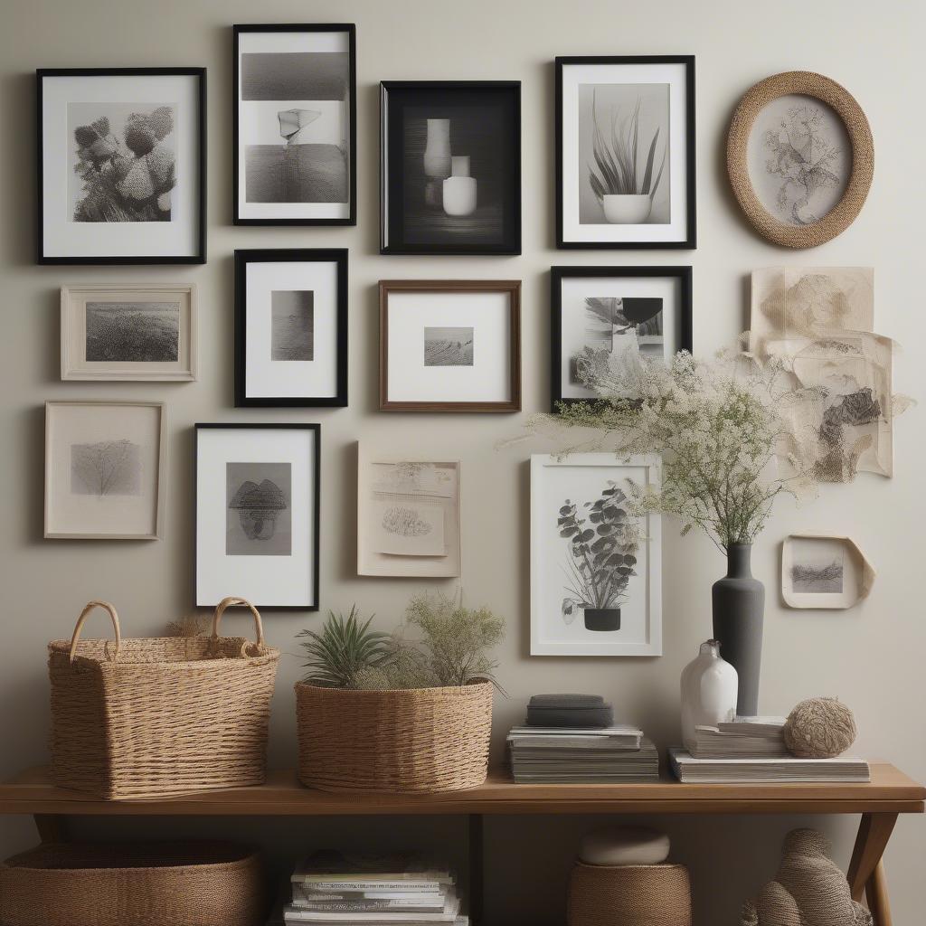 A gallery wall featuring a mix of prints, photos, and wicker accents in a woman's office