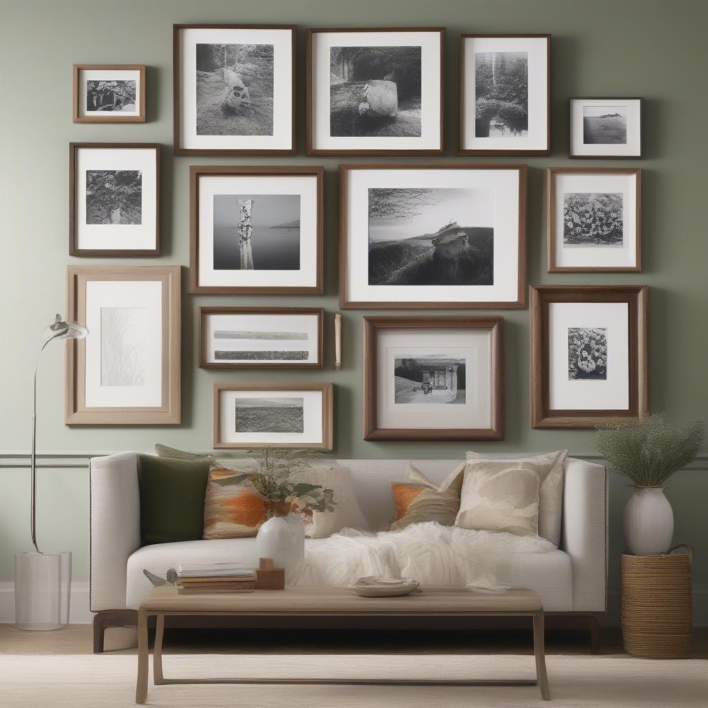 A gallery wall showcasing various sizes of wooden frames