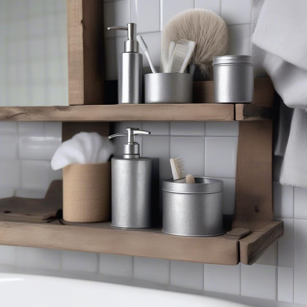 Galvanized bathroom accessories on a wooden shelf