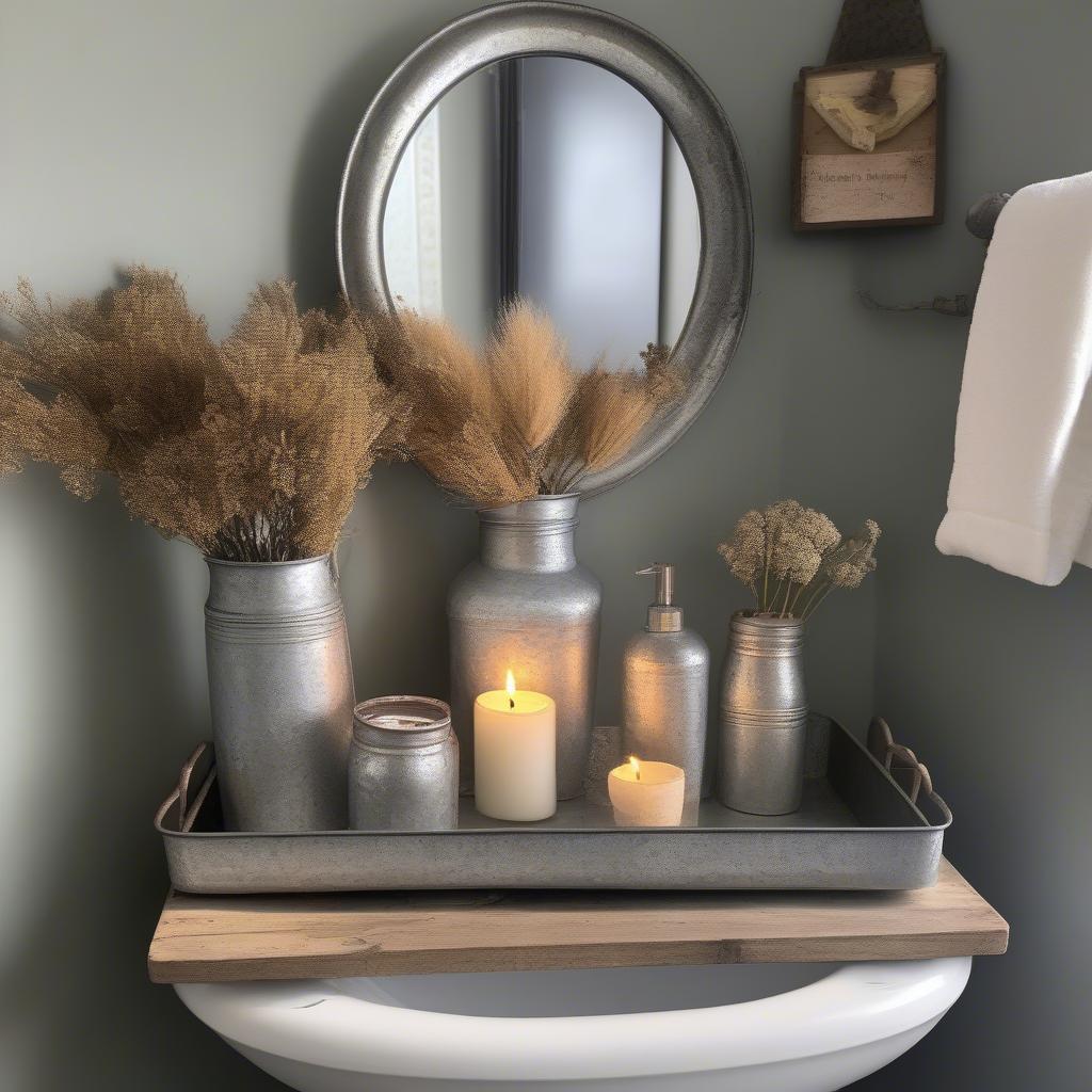 Various galvanized decor items in a bathroom