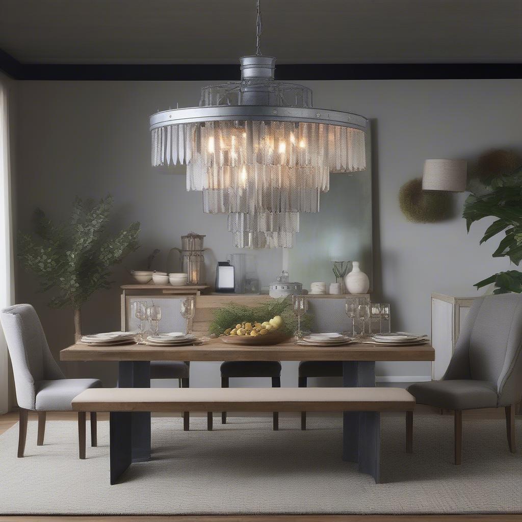 A stunning galvanized chandelier illuminating a dining room, creating a focal point and adding a touch of industrial elegance.