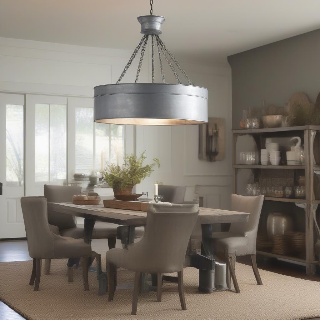 Galvanized chandelier hanging above a dining table