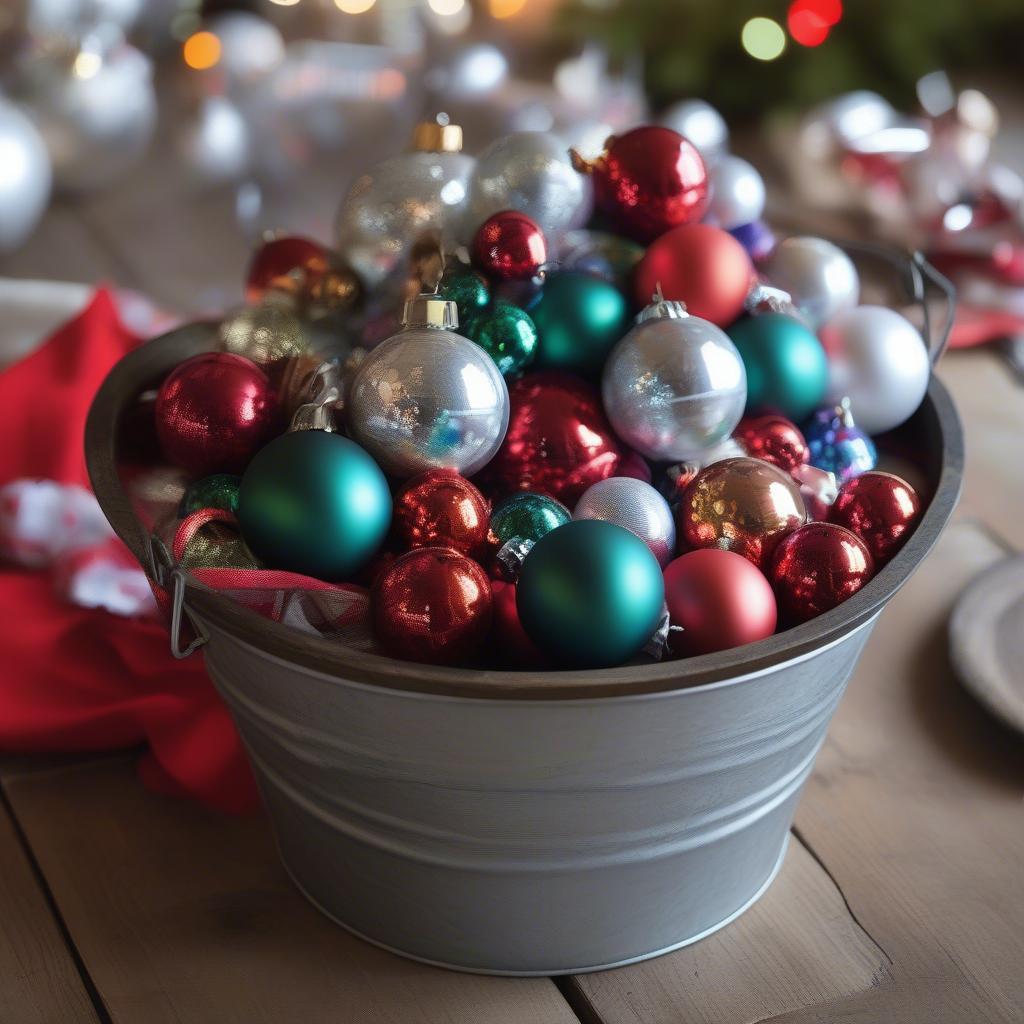 Galvanized Christmas bucket filled with colorful ornaments