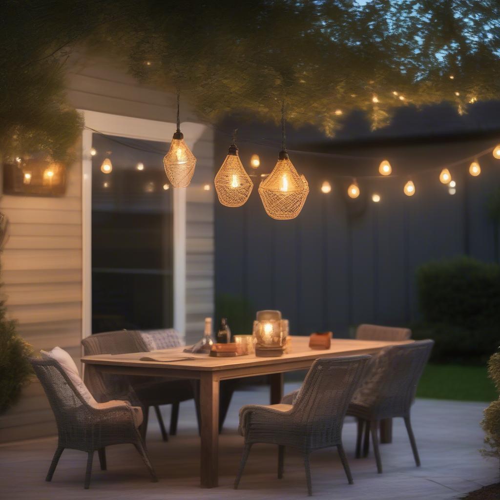 Galvanized hanging lights illuminating an outdoor patio