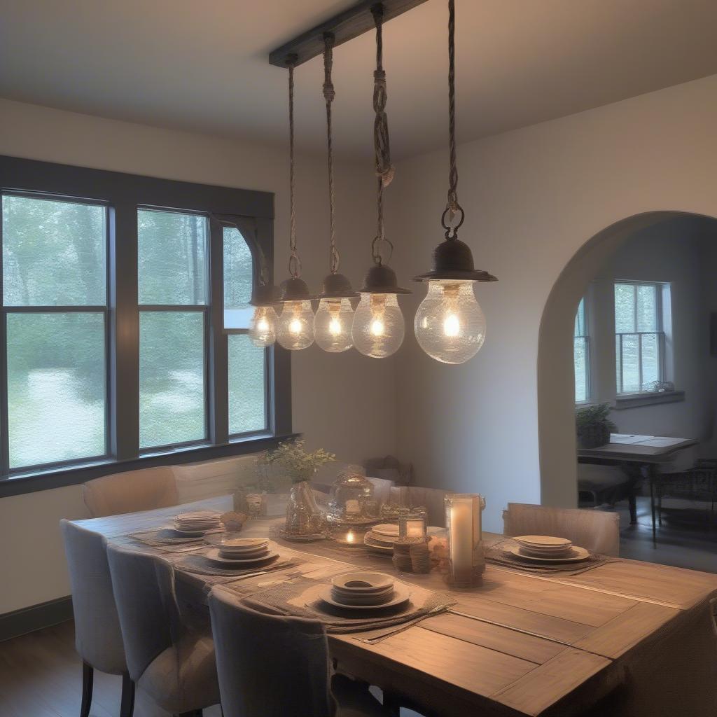 Galvanized hanging lights illuminating a dining table