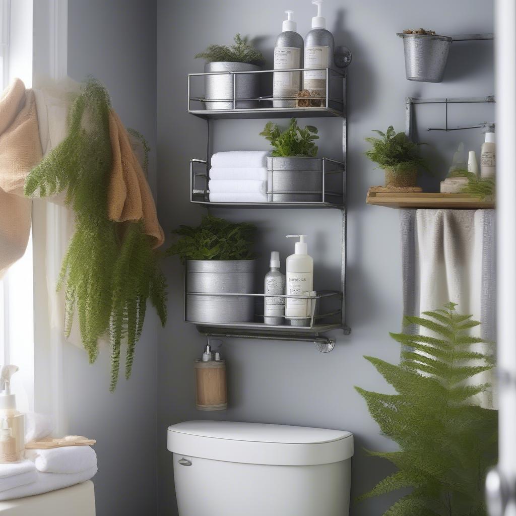 Galvanized metal storage solutions in a bathroom