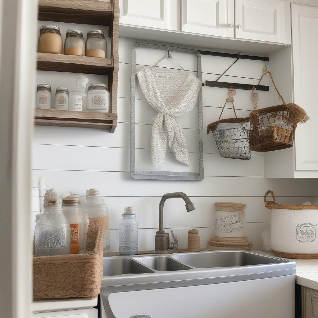 Galvanized metal wall decor in a modern farmhouse style laundry room