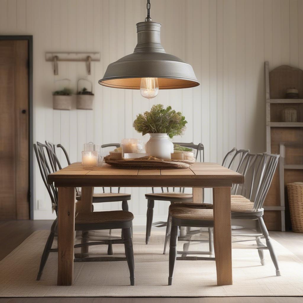 Galvanized pendant light above a farmhouse dining table