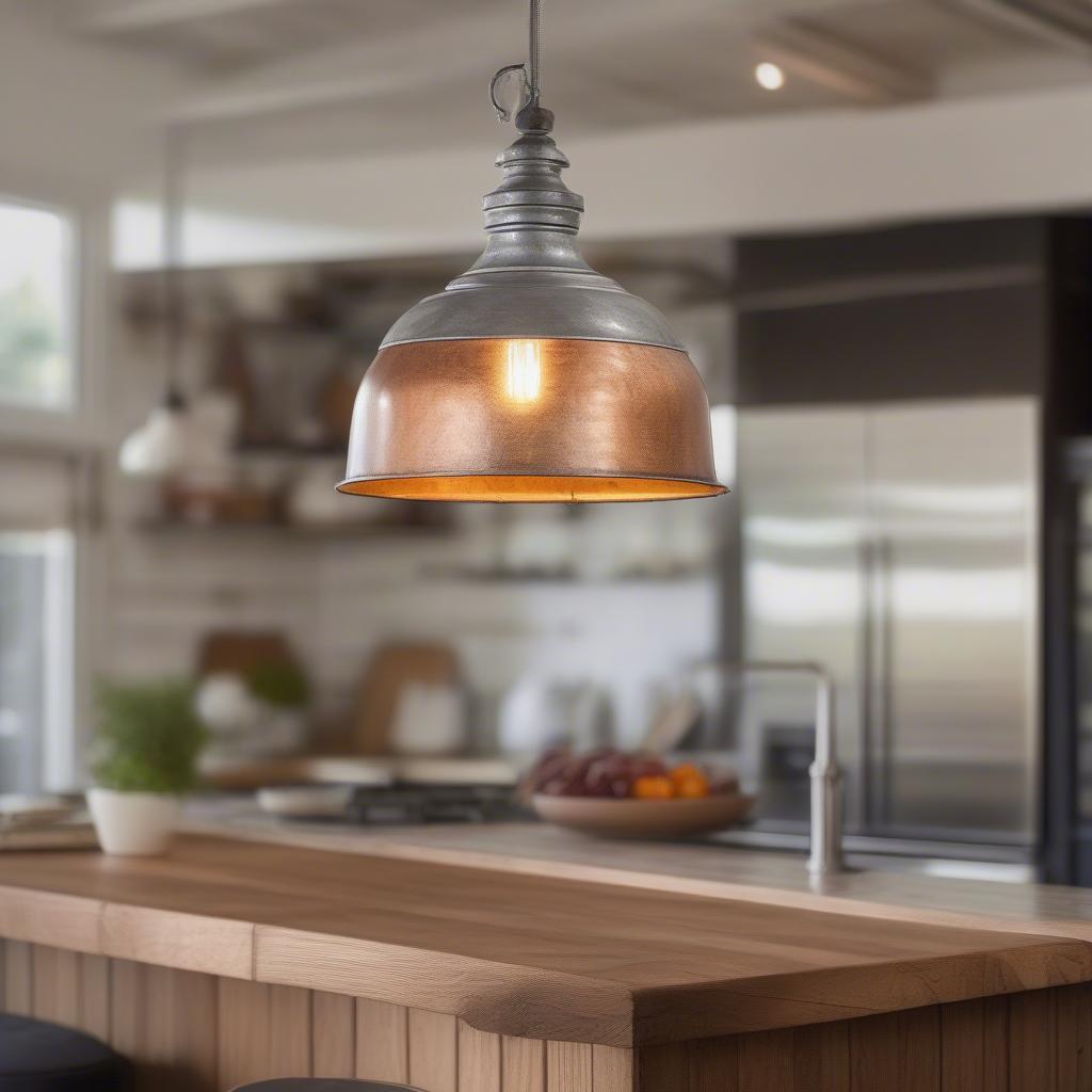 Galvanized pendant light illuminating a kitchen island