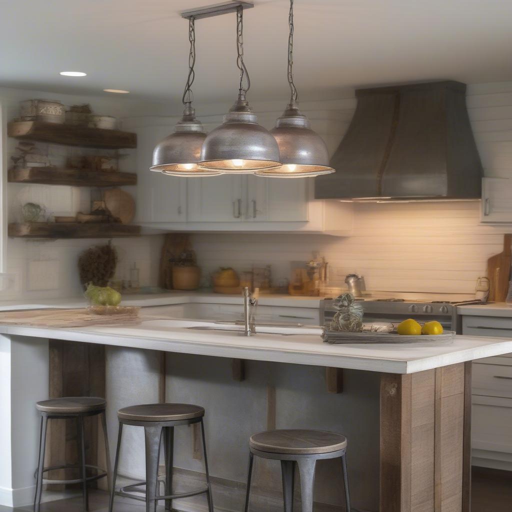 Galvanized pendant light hanging above a kitchen island, illuminating the space with a warm, inviting glow.