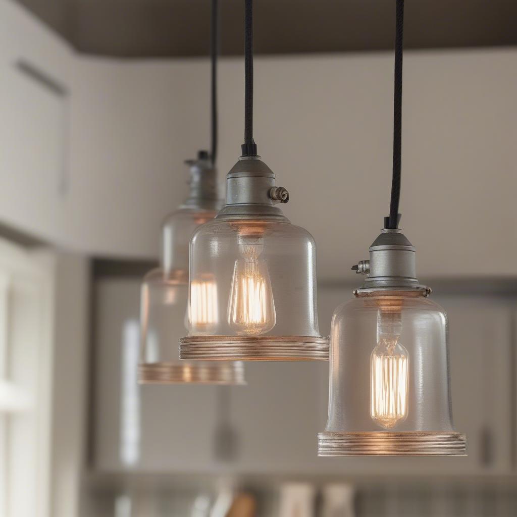 Galvanized pendant lights hanging above a kitchen island