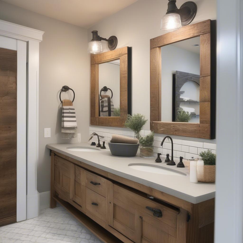 Galvanized sconces flanking a bathroom mirror