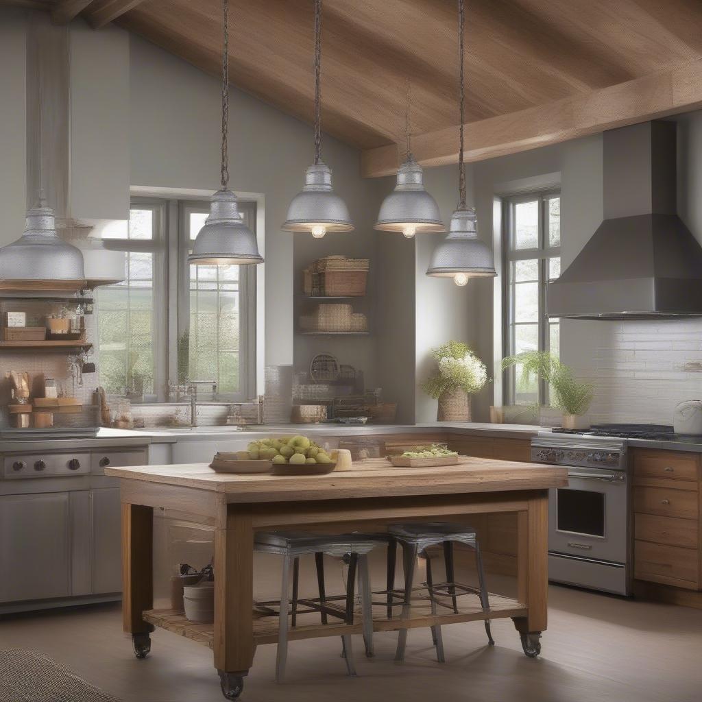 Galvanized Steel Pendant Lights in a Kitchen