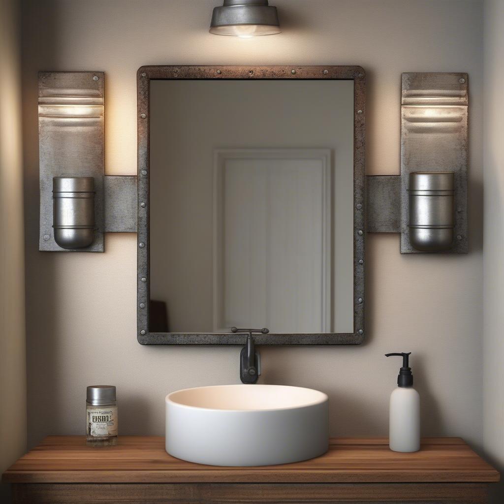 A rustic galvanized wall sconce illuminating a bathroom mirror, adding a touch of industrial charm to the space.