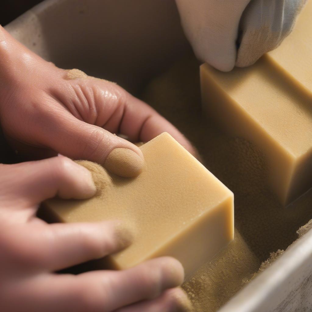 Gardener's soap with cornmeal grit being used to clean hands