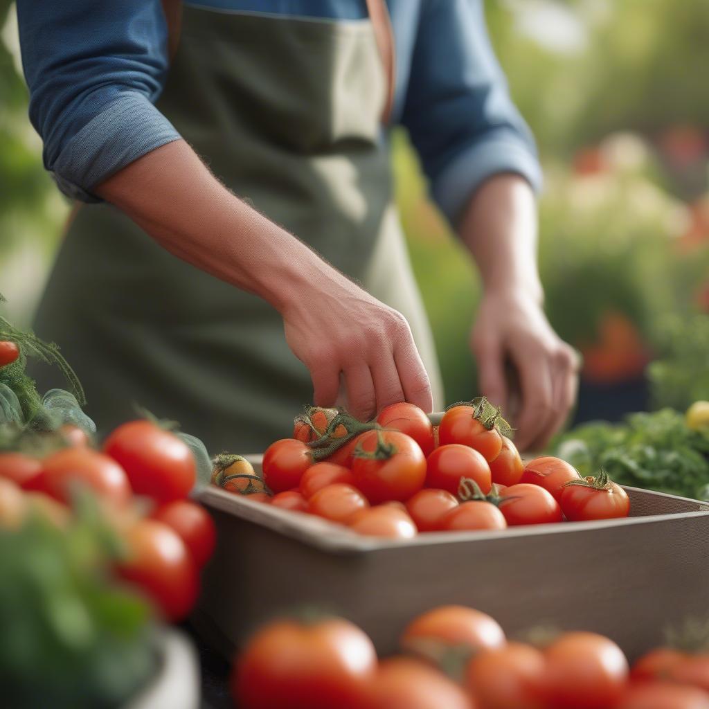 Gardener using an apron to collect vegetables