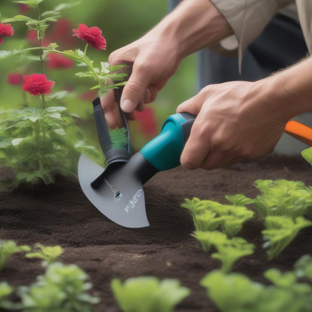 Gardener Using a Hori Hori Tool to Transplant Seedlings