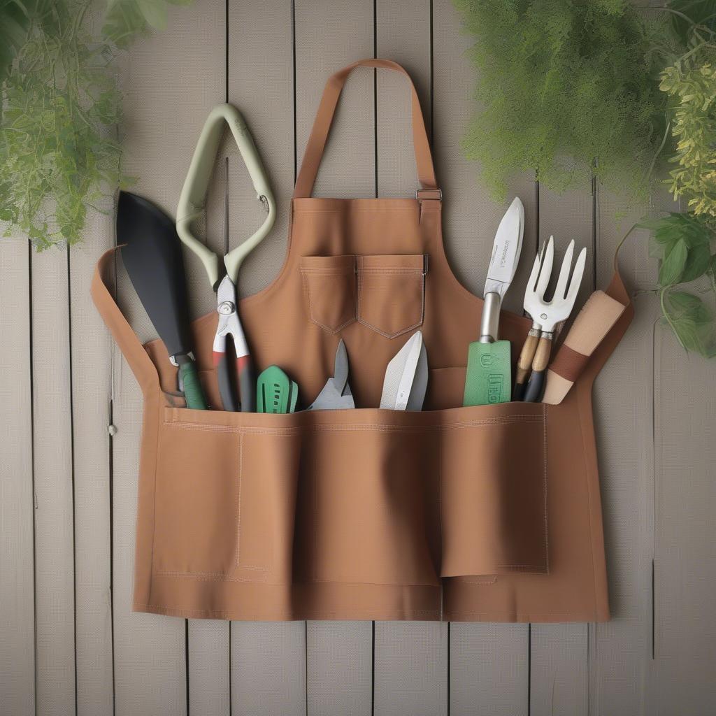 Close-up of a gardening half apron with pockets filled with gardening tools