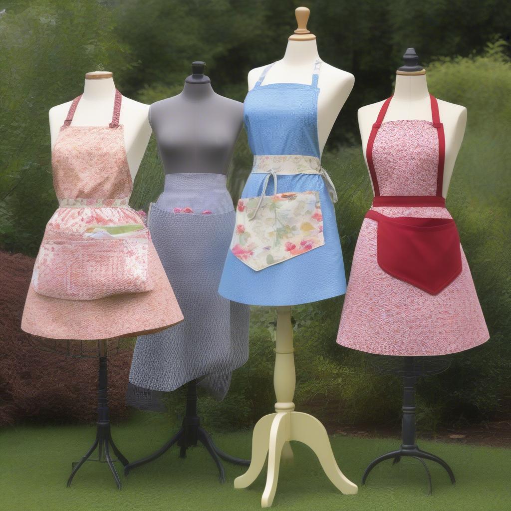 Different styles of gardening half aprons displayed on mannequins