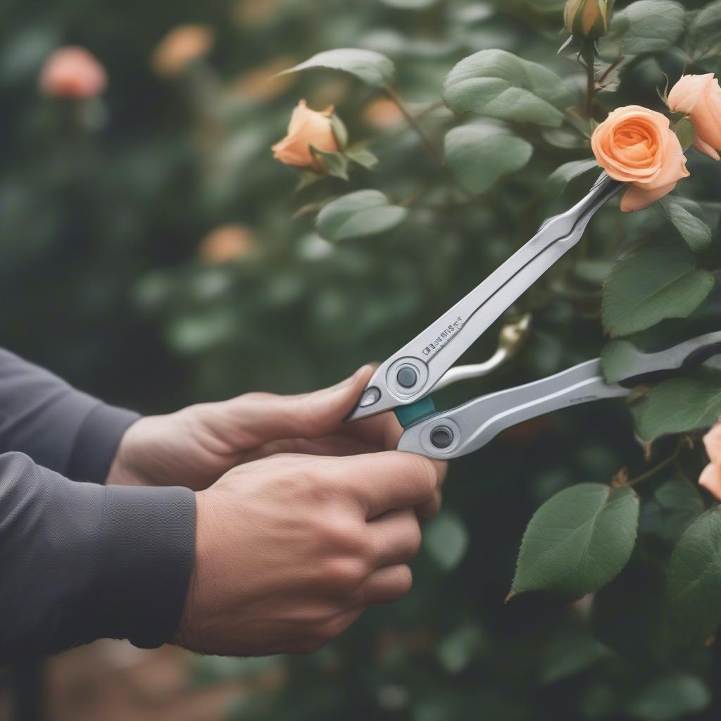 Gardener using a multi-tool to prune a rose bush