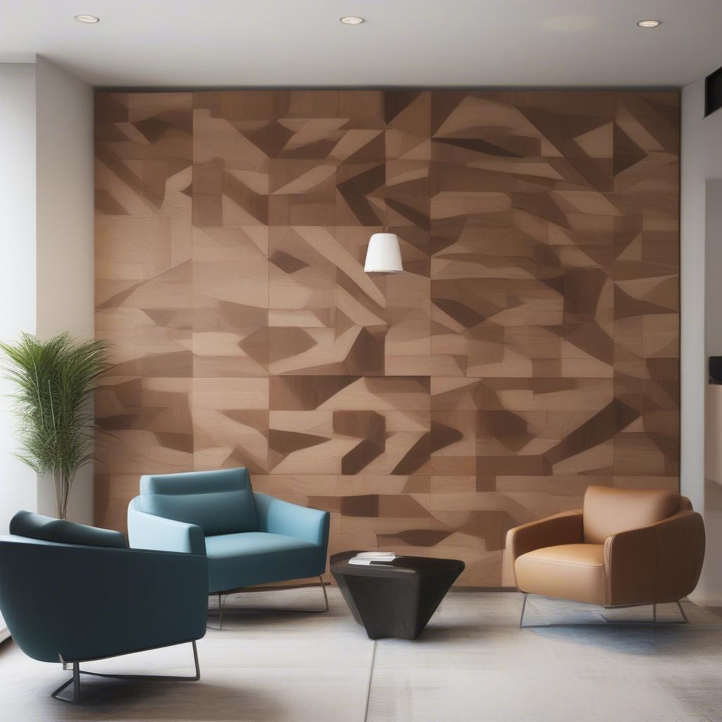 Geometric wood wall art adds a modern touch to an office space.