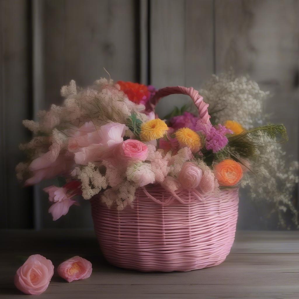 Ghost pink rattan basket filled with fresh flowers