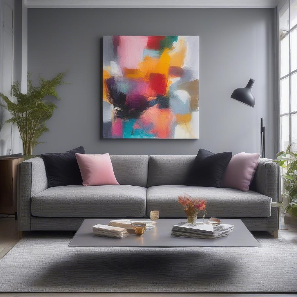 Giant canvas artwork hanging above a sofa in a modern living room