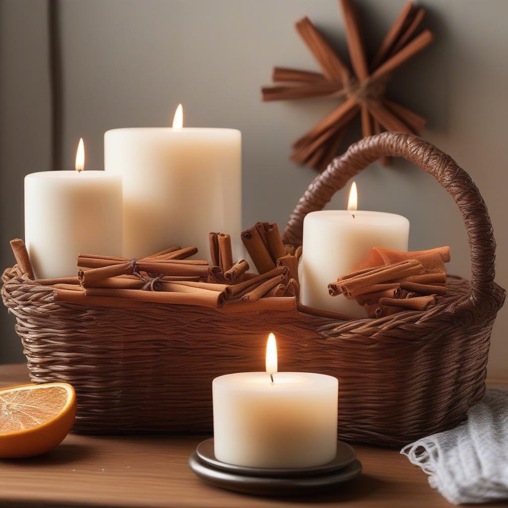 Gingerbread scented candles arranged in a wicker basket