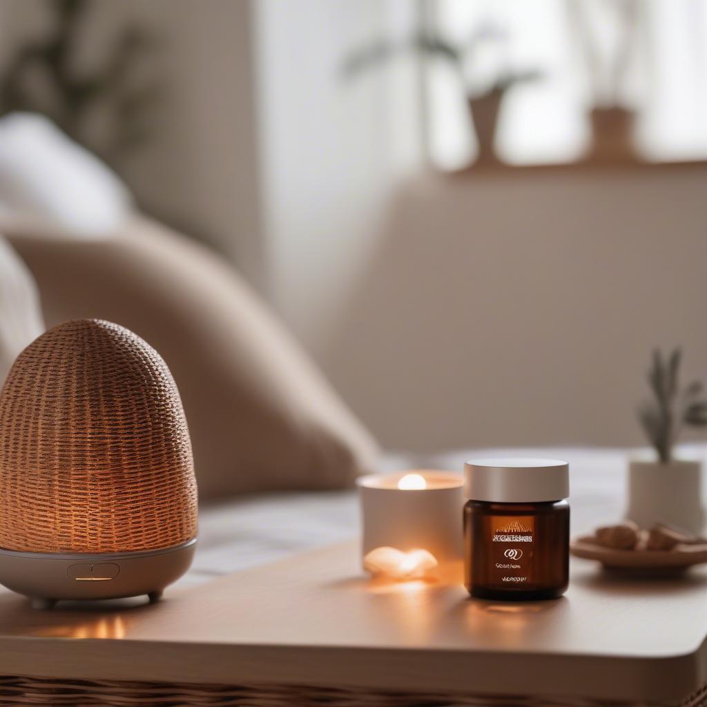 Gingerbread essential oil being used in a diffuser in a bedroom