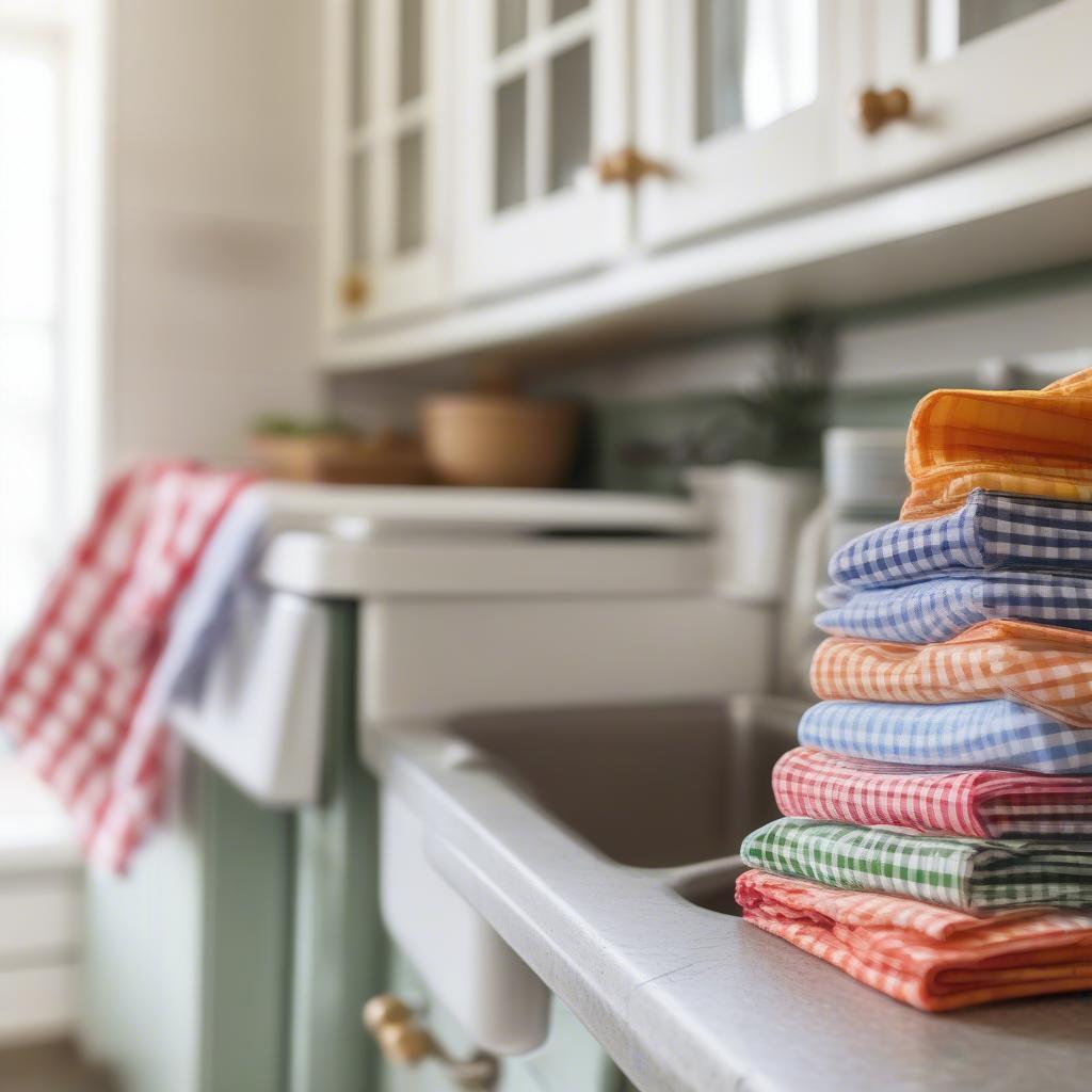 Gingham tea towels drying dishes in a farmhouse kitchen